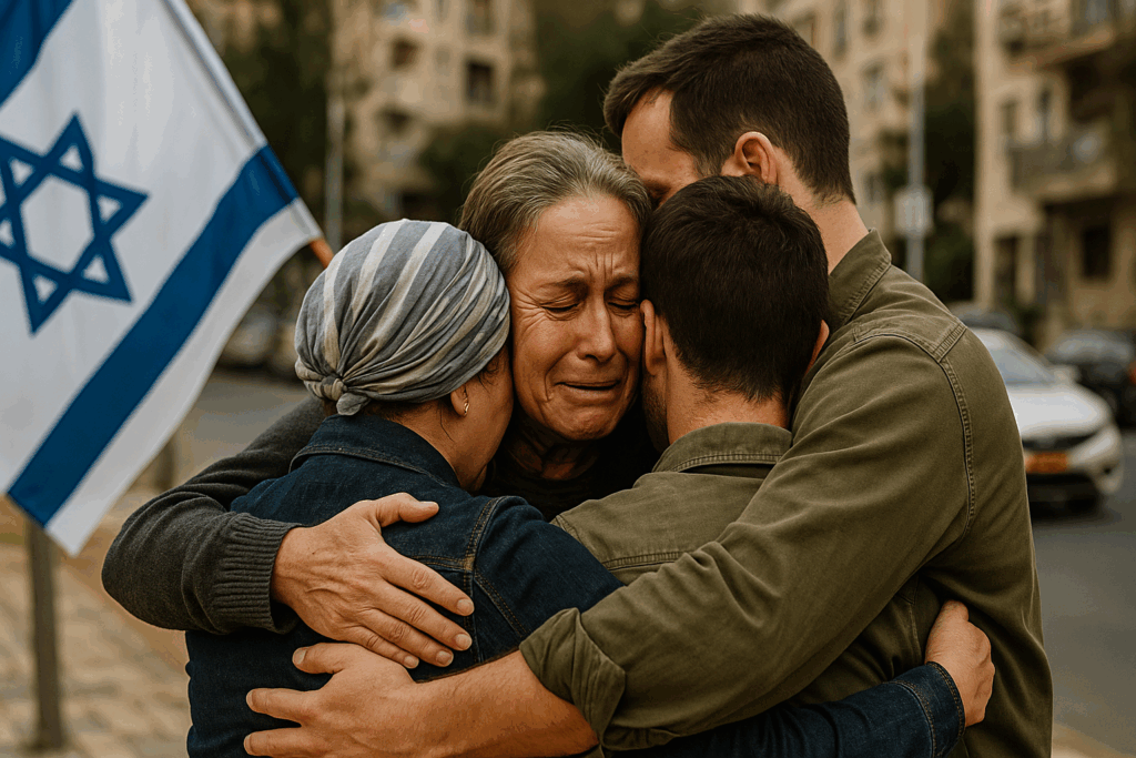 Standing with Israel and Her Neighbors: Elderly Israeli woman hugging soldiers and a girl