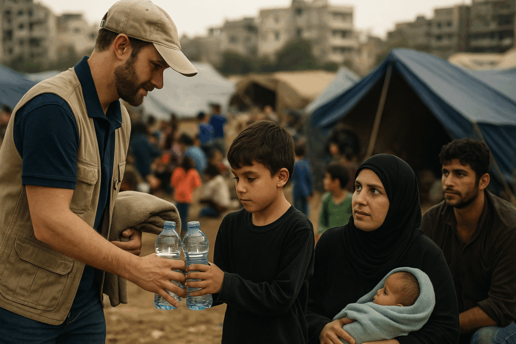 Aid worker provides water to refugee family