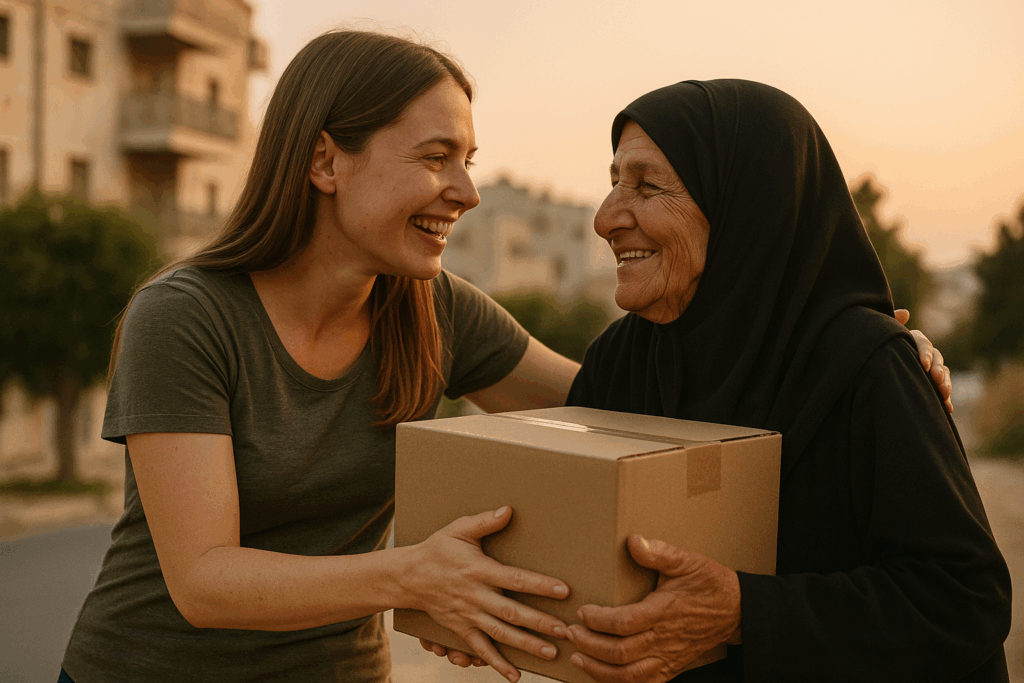 Young girl providing a box of aid to an elderly Arab woman
