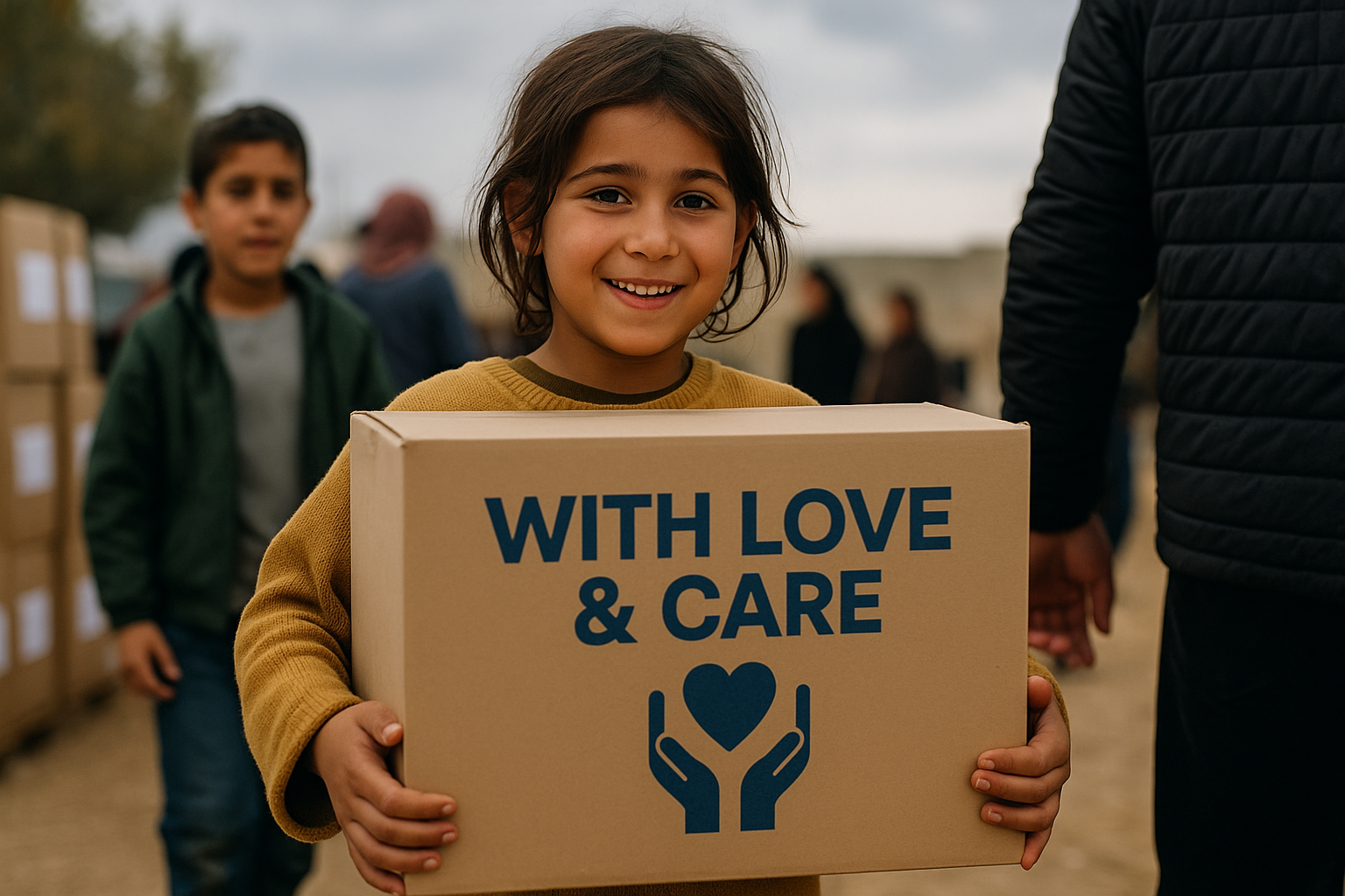 Standing with Israel & Her Neighbors: A young refugee girl receives a box of humanitarian aid