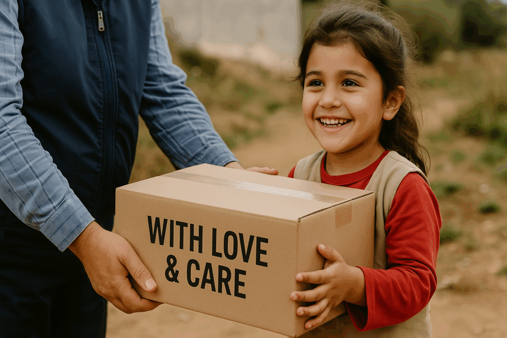 Standing with Israel and Her Neighbors: Little girl receives a box of aid from a worker
